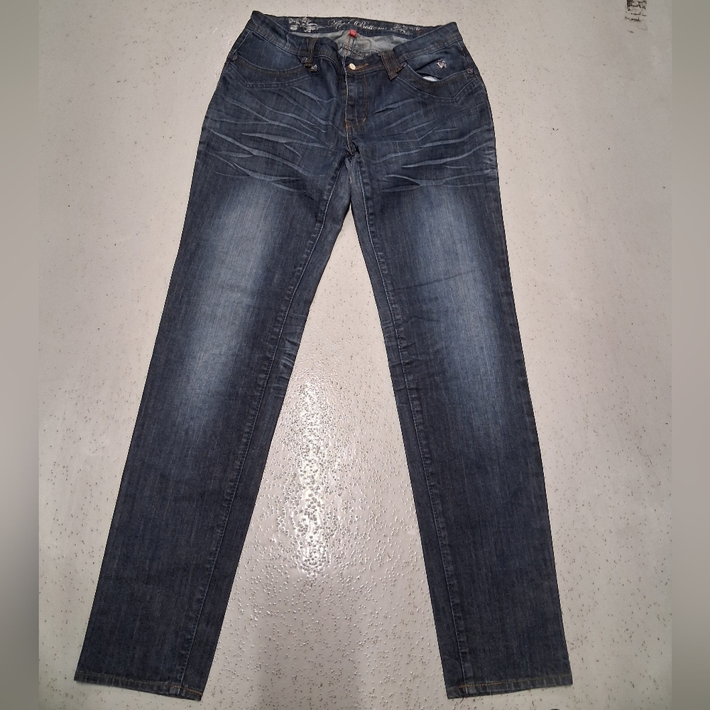 Apple Bottom Jeans Womens Size 9/10 Distressed Dark BlueY2K Mid Rise Embellished